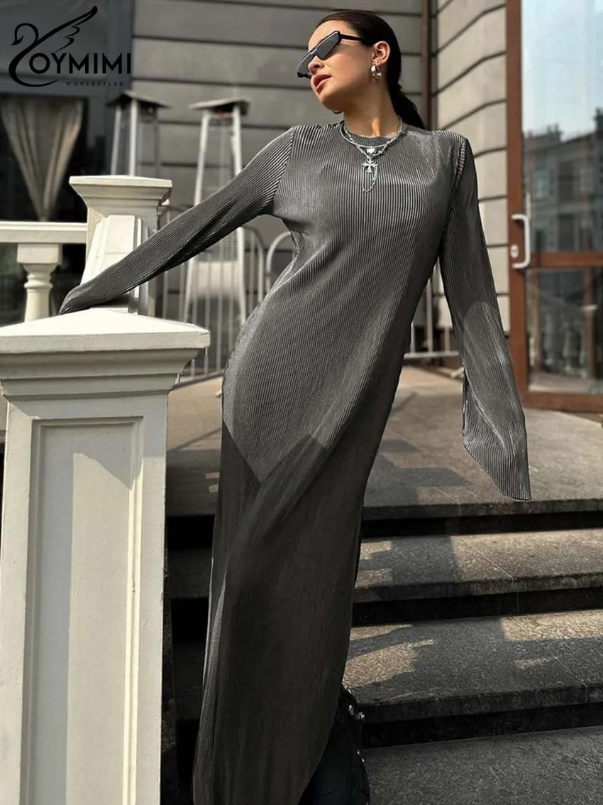 Oymimi Elegant Grey Brown Slim Womens Dresses Fashion O-Neck Long Sleeve Dresses Casual Straight Floor-Length Dress Streetwear