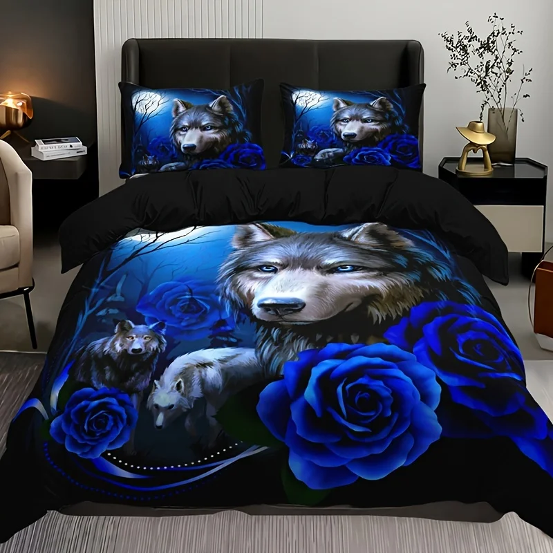 

Fashion Duvet Cover Set Wolf Blue Rose Print Bedding Set Soft Duvet Cover For Bedroom Guest Room 1*Duvet Cover + 2*Pillowcase