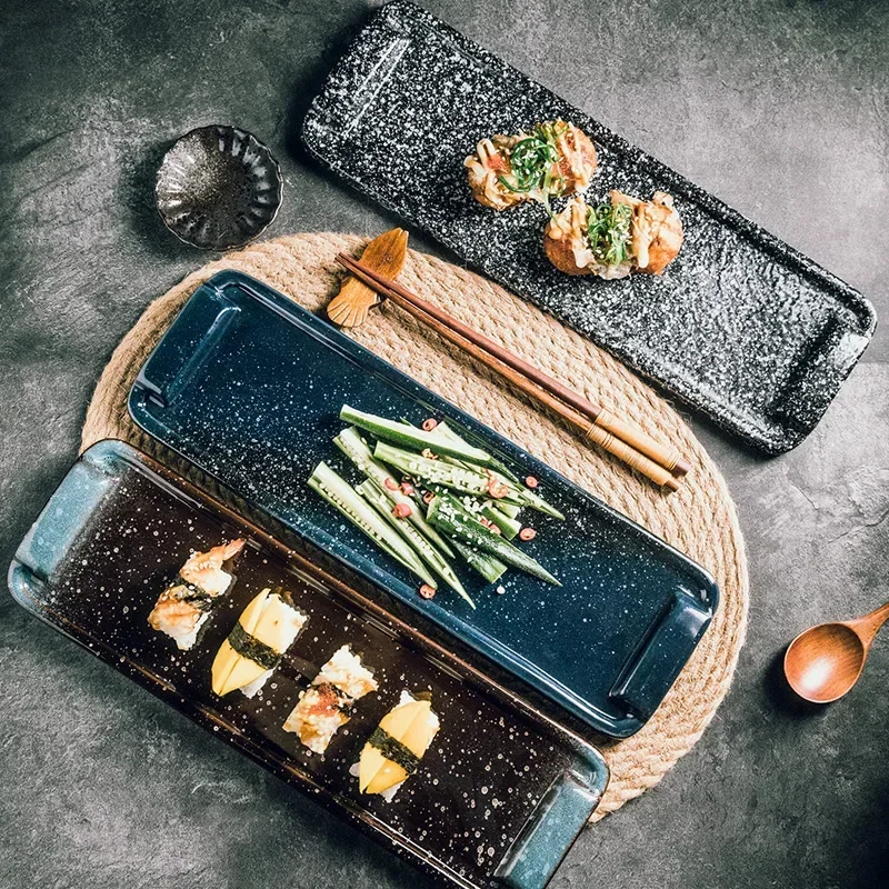 

13 inches Japanese-style rectangular sushi plate restaurant flat plate blue glazed high-end dishes ceramic plate