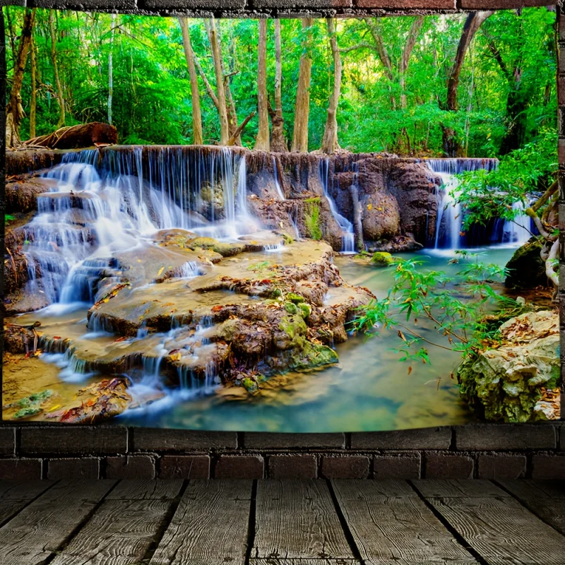 VIKAMA Wandteppich mit Park, Fluss und Wasserfall, von der Natur inspiriert, Wandbehang für Wohnzimmer, Schlafzimmer, Yoga-Studio, Heimdekoration
