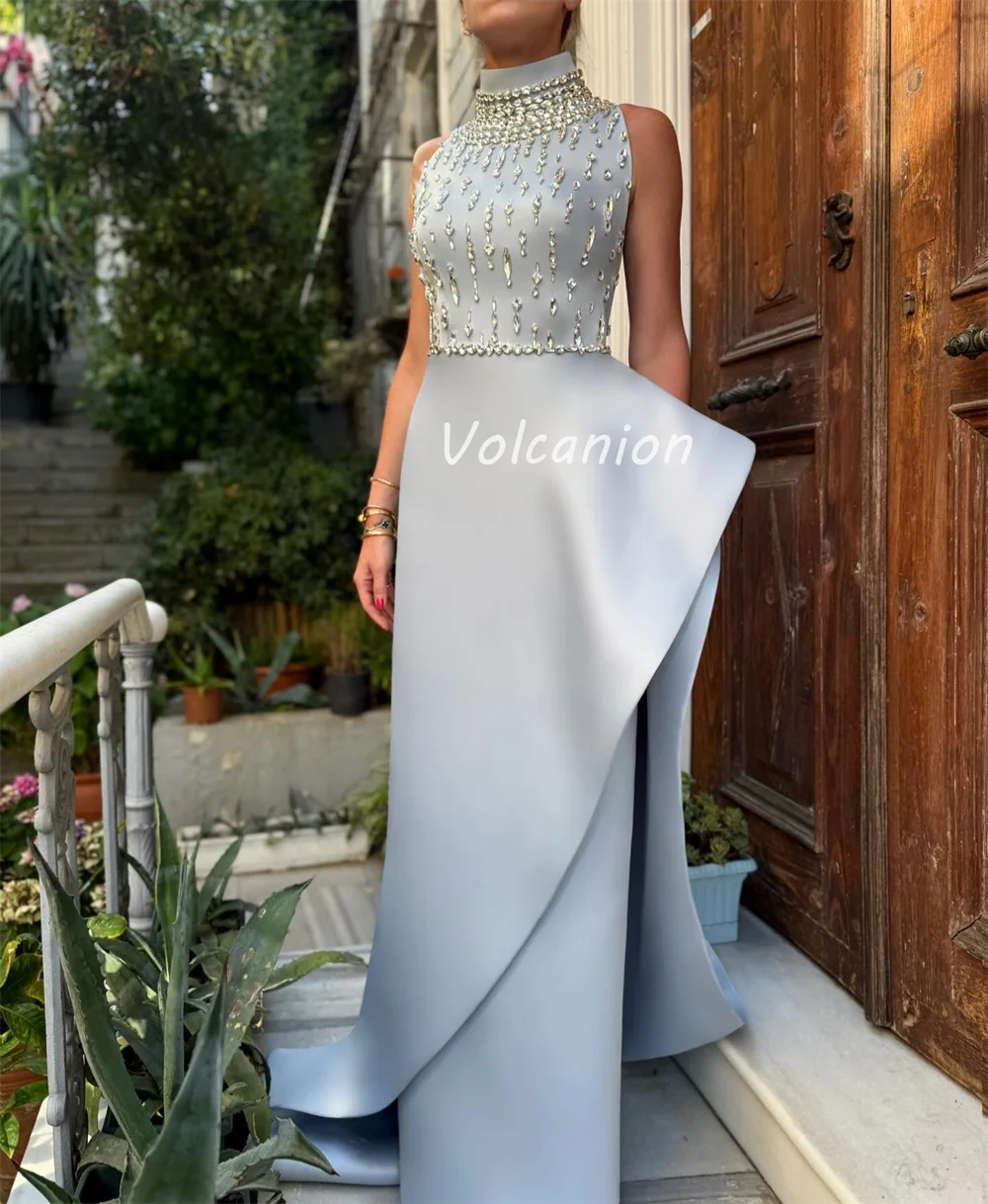Customized High Quality Exquisite Charmeuse Rhinestone Ruched Straight High Collar Long Dresses Bespoke Occasion Dresses Formal