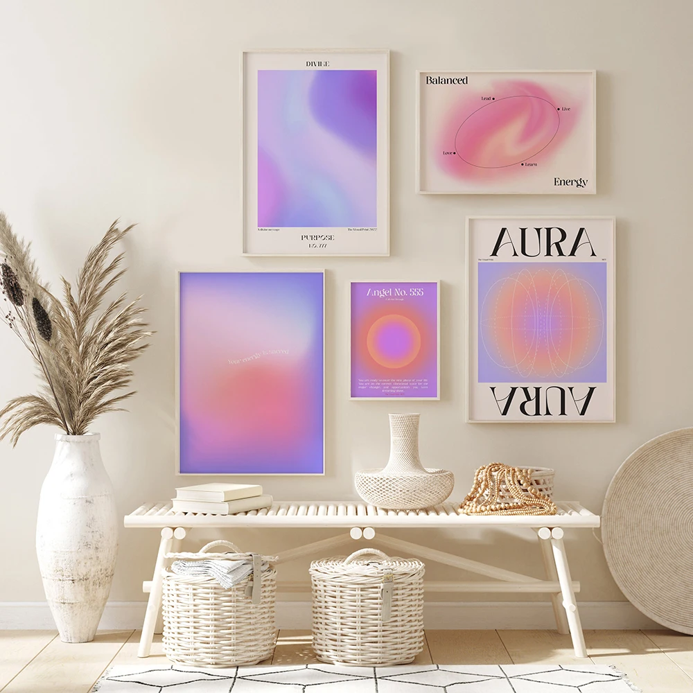 Purple Aura Gradient Trendy Spiritual Divine Energy Wall Poster Set Prints Angel Number Positive Manifestations Decor Pictures