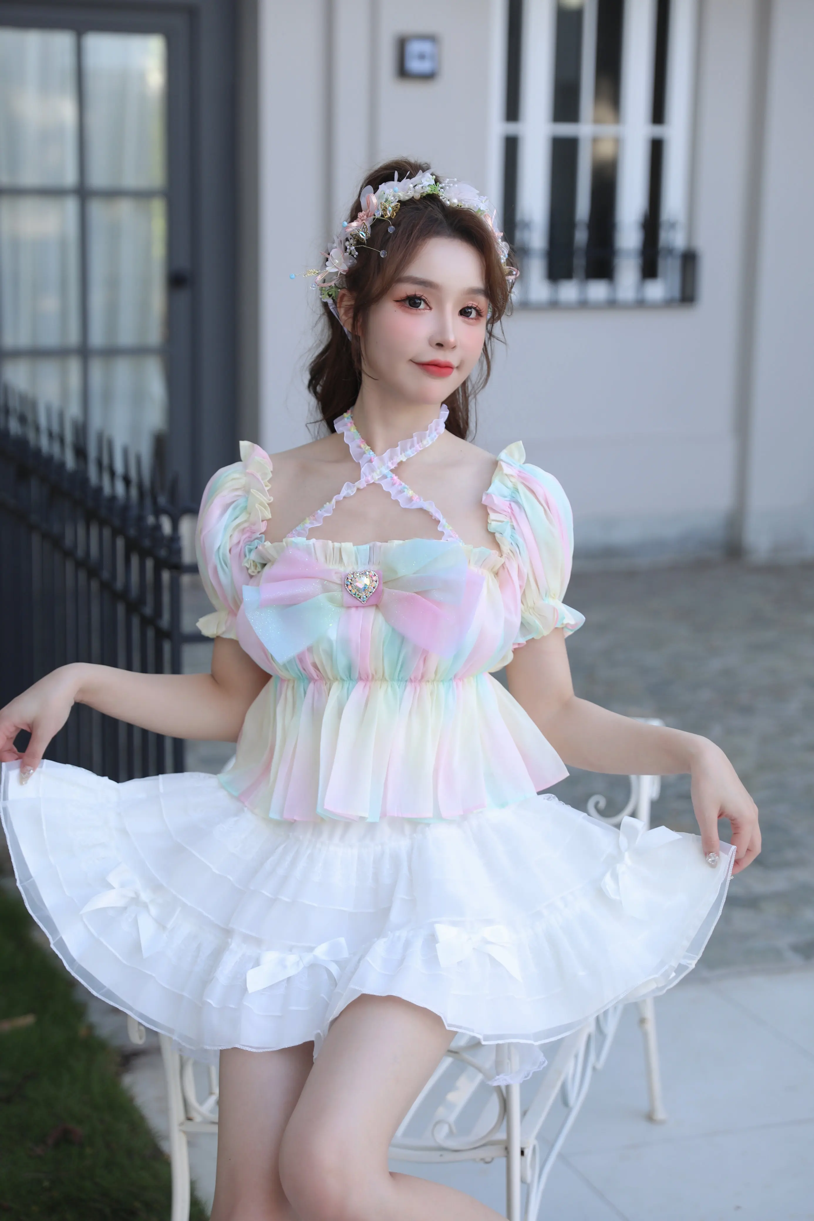 Beautiful Girl Rainbow Gradient Color Shiny Bow Love Diamond Puff Sleeve Halter Short Top Summer Womens Tops and Blouses