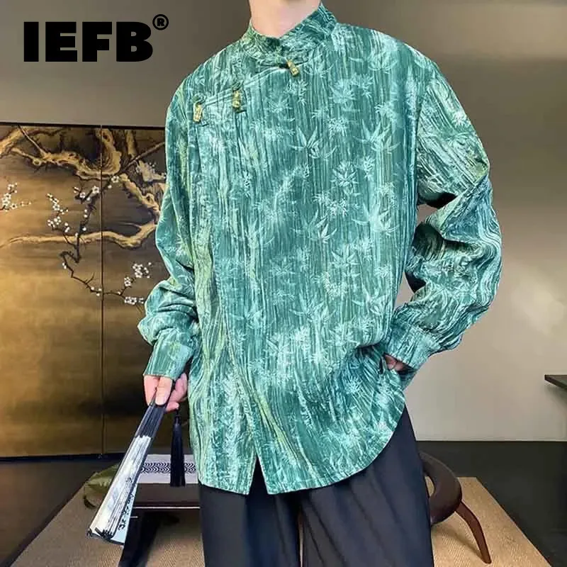 IEFB Niche Style Men's Shirts Casual Bamboo Printing Wrinkle Knot Button Stand Collar Long Sleeve Male Tops Trend Spring 9C2910