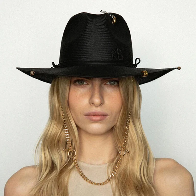 Luxury Desiger Brand Chain Strap Fedora Straw Hat For Women Summer Sun Hat With Neck Protection Rope Black Panama Beach Hats