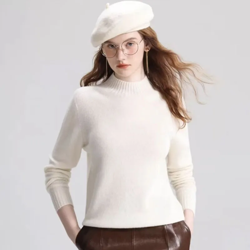 

Женская одежда, белый вязаный свитер с воротником-стойкой, женские пуловеры, новый трикотаж с длинными рукавами, вязаный свитер, пуловер, женские топы Q2407