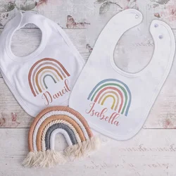 Babador de bebê personalizado arco-íris com nome meninas meninos babadores de algodão recém-nascido toalha de saliva babador infantil batismo presentes de chá de bebê