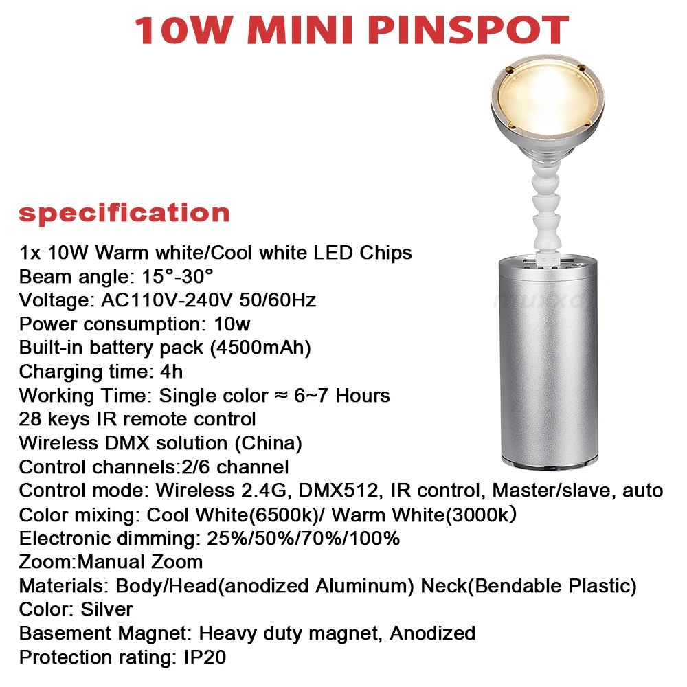 MUXXDJ 20pcs With Case 10W LED Mini Pinspot Light Warm White/Cool White 2in1 Wireless DMX & Battery Powered Wedding SpotLight