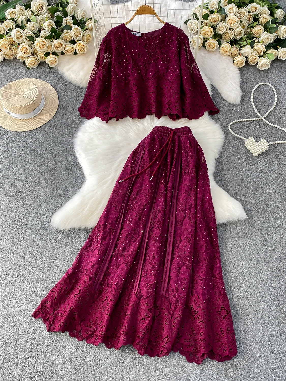 

Ele round Ne Lace irt And Midi Skirt Set Women's Faion Heavy Embroidery Light Mature Sle ular Two-Piece Outfit