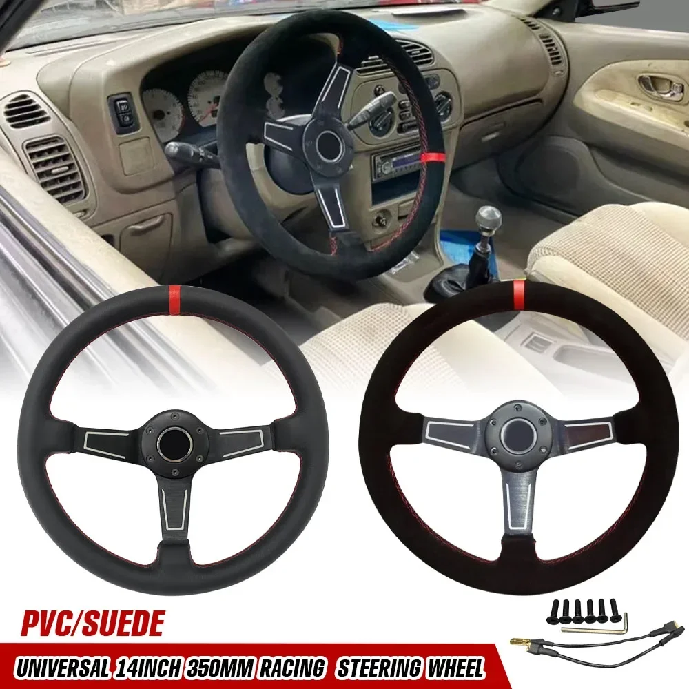 

14-дюймовый автомобильный руль, универсальный 350 мм, модный, ПВХ, замшевая кожа, глубокая тарелка, гоночный автомобиль, спортивный руль для дрифта с логотипом