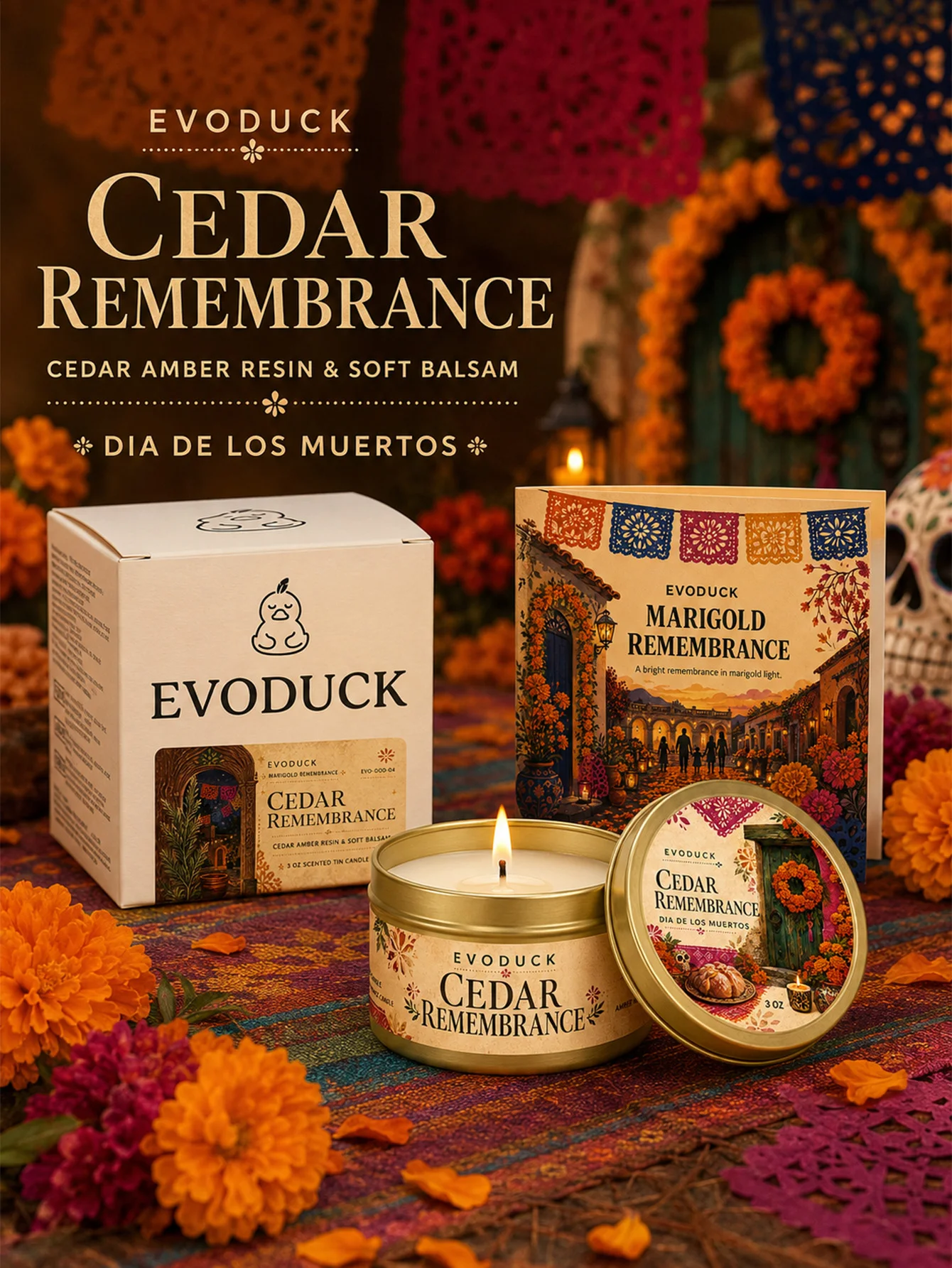 1pc Day of the Dead Candle Cedar Amber Scented Tin Candle 3oz with Gift Box, Memorial Candle Dia De Muertos Ofrenda Remembrance
