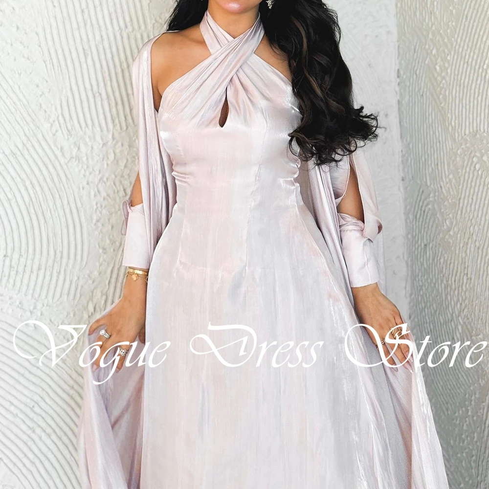 Customized Elegant Satin Off the Shoulder Evening Dress Delicate Halter Straight Long Sleeves Court Train Special Occasion Gowns