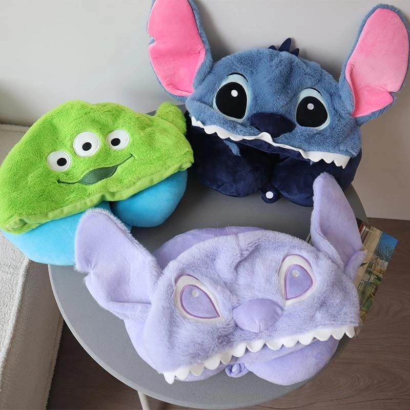 Comfortable Stitch Alien Neck Pillow Kawaii Anime Office Nap Pillow Cartoon Portable Hooded U-shaped Pillow Gifts Adult