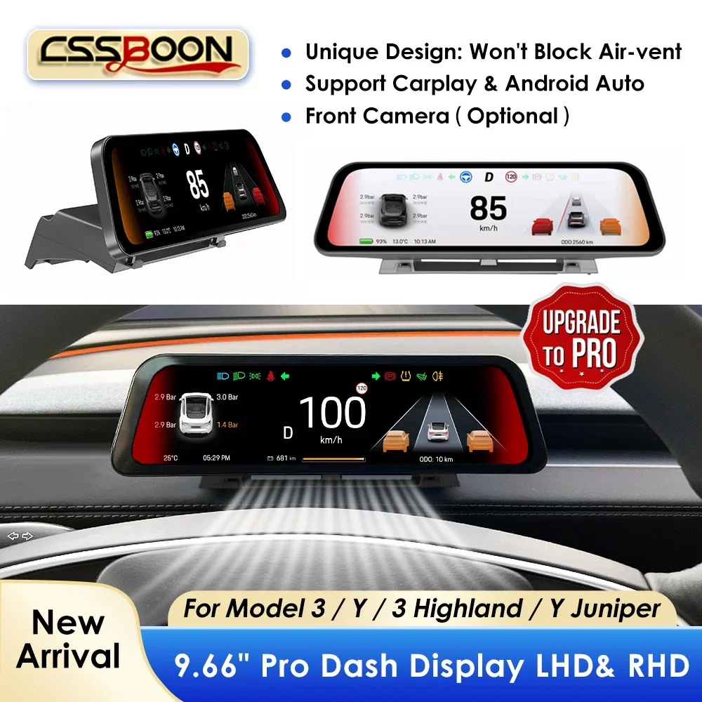 

9.66" Pro For Tesla Model Y Juniper 2026 Head Up Display Support CarPlay Blind Spot Warning Car Monitor Model 3 Y Accessories
