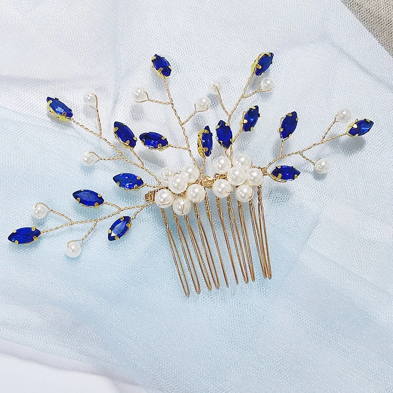 

Luxury Bridal Leaf Hair Combs Blue Rhinestone Hair Accessories for Women 2025 Crystal Princess Traia Headpiece Wedding Jewelry