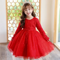 2024 New Baby Kids Dresses For Girls Birthday Party Long Sleeve Dress Gown Girl Mesh Print Princess Children Wedding Dress 10Y