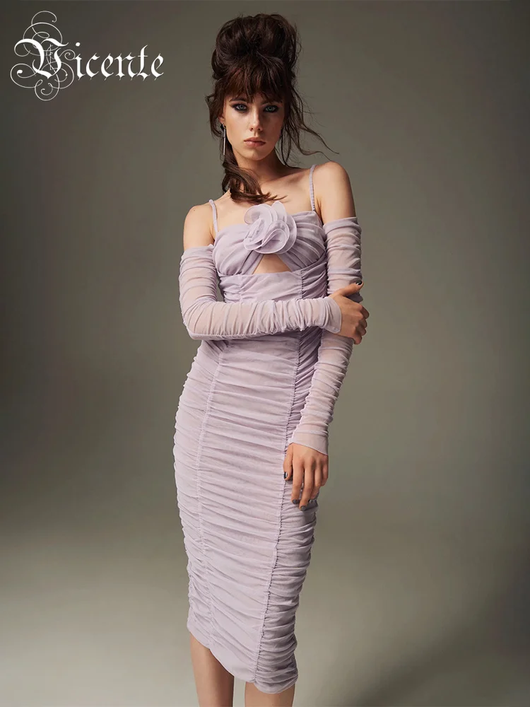 

VC Party Dresses For Women Beautiful Flower Lavender Mesh Draped Spaghetti Strap Midi Dress With Gloves