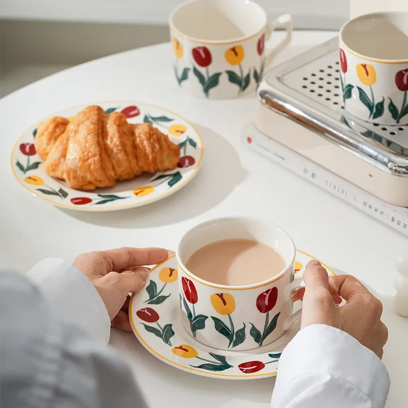 Hand Drawn Antique Tulip Coffee Cup Set, Ceramic Cup, Mug, High Aesthetic Afternoon Tea, Creative Cup and Plate