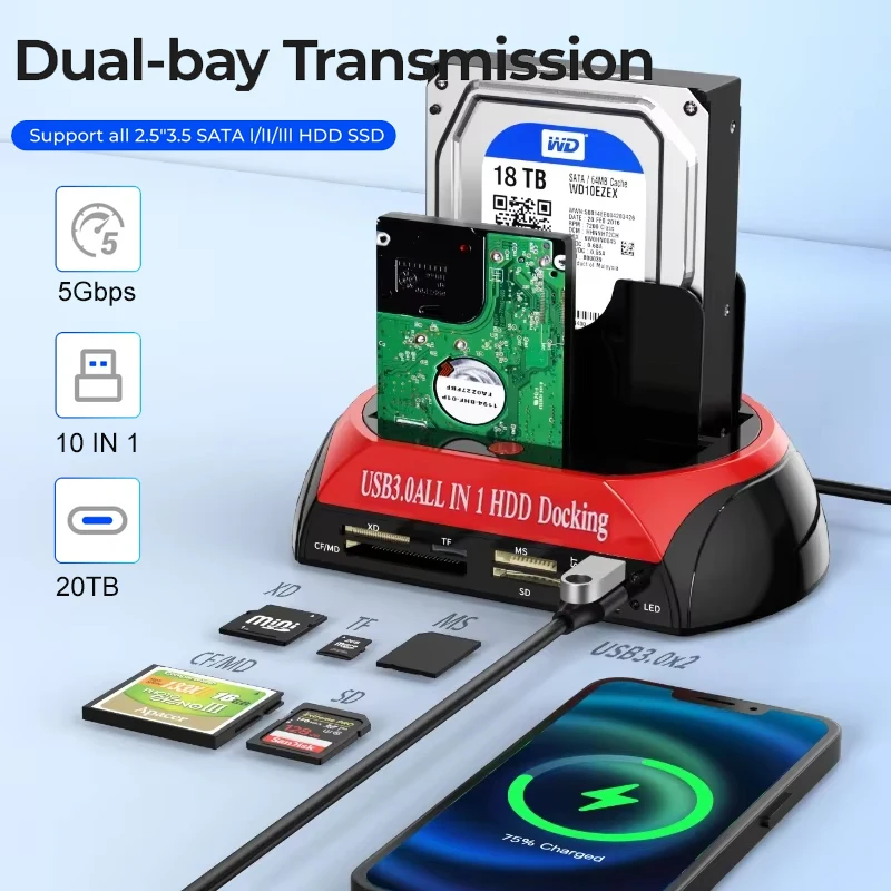 Stacja dokująca 10 w 1 z podwójnym wnęki na dysk twardy USB3.0 5 Gb/s z zasilaczem 12 V 3 A do kart TF 2,5/3,5 cala HDD/SSD