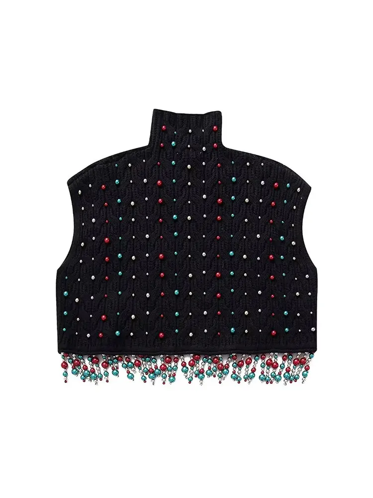 TRAF 2024 Artificial Pearls Tassels Knitted Vest Woman Sleeveless Short Sweaters Pullover Vests for Women Casual Knitwears Top