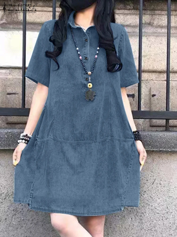 ZANZEA Women Short Sleeve Knee-length Dress Casual 2025 Summer Denim Blue Turn-down Collar Sundress Seamed Streetwear Vestidos