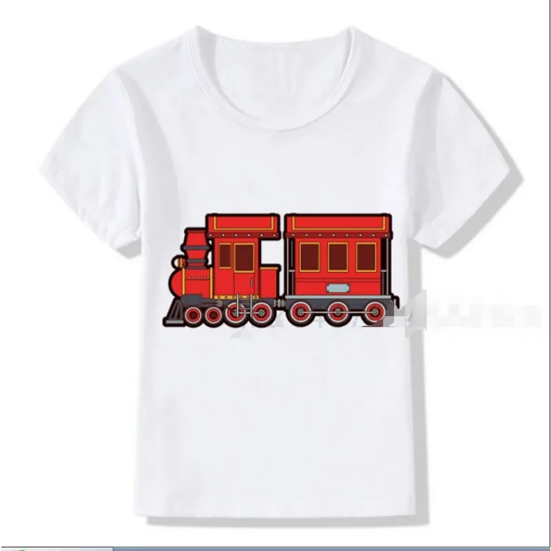 Śmieszne letnie chłopięce kreskówki pociąg towarowy ulubiona odzież dziecięca biały T-shirt moda Streetwear dziecięce t-shirty topy