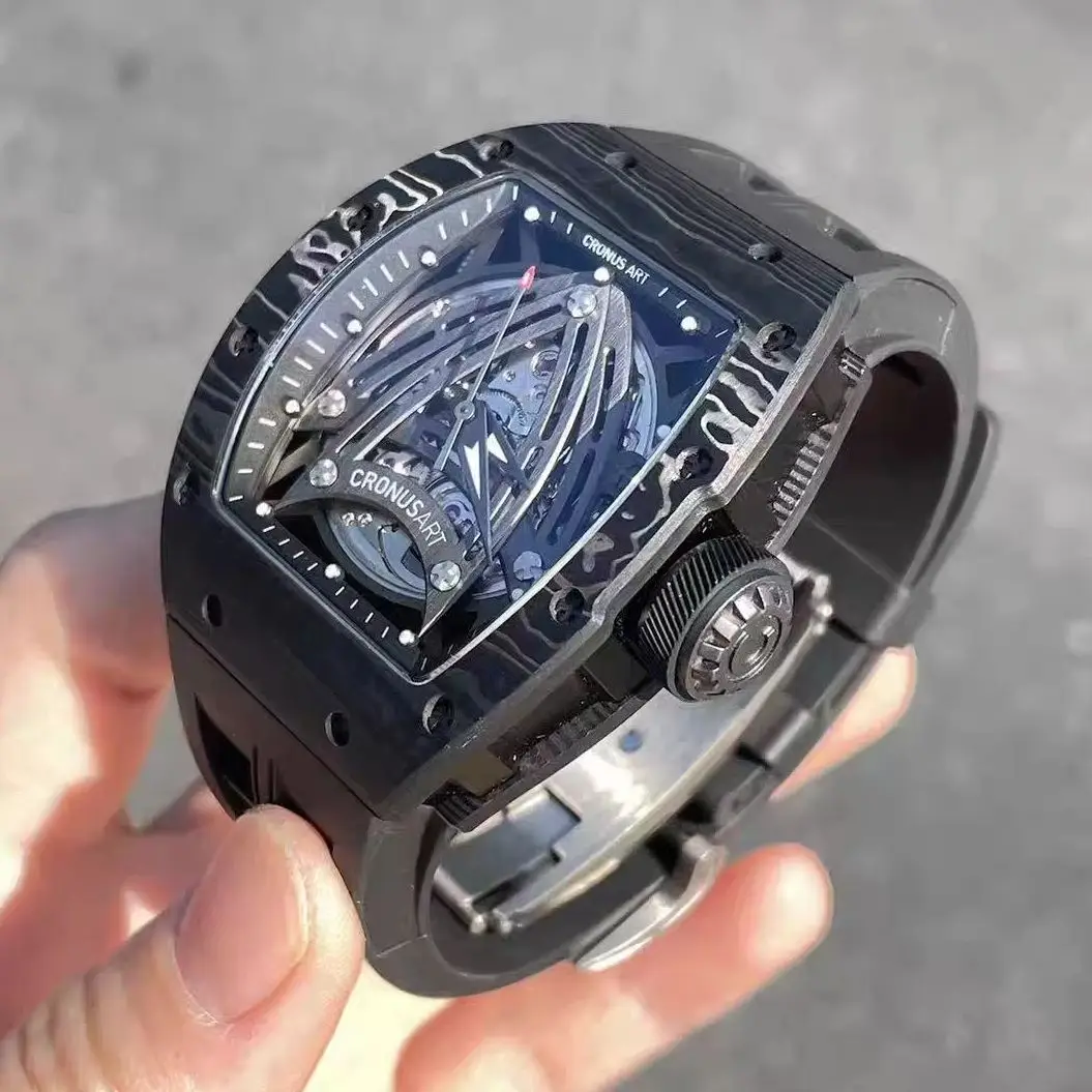 CRONUSART Men Automatic Watch Tonneau Mechanical Wristwatch Carbon Fiber Case Waterpproof Sapphire Luminous Apollo Dial SW200