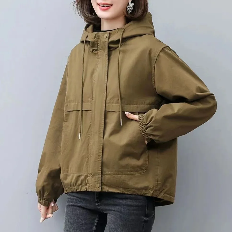 2024 New Trench Coat Women Single Autumn Korean Streetwear Long-Sleeved Short Hooded wild Windbreaker Female Outwear Coats