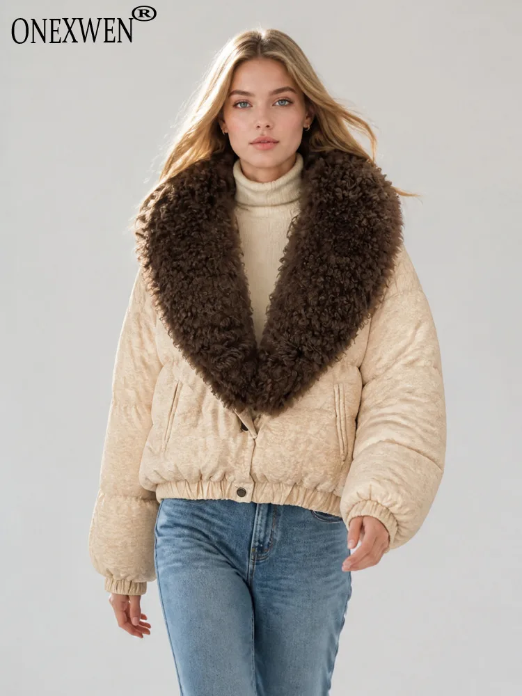ONEXWEN Women Cropped Jacket With Big Curly Faux Fur Collar Short Padded Coat Elastic Winter Warm Ladies Outerwear RU49