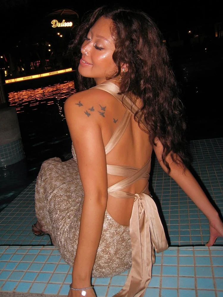 Vestido de lentejuelas con espalda descubierta y Cruz de gato extraño para mujer, vestido elegante de Año Nuevo con vendas de cuello bajo, sin mangas, Sexy, elegante, para fiesta de cumpleaños y Club