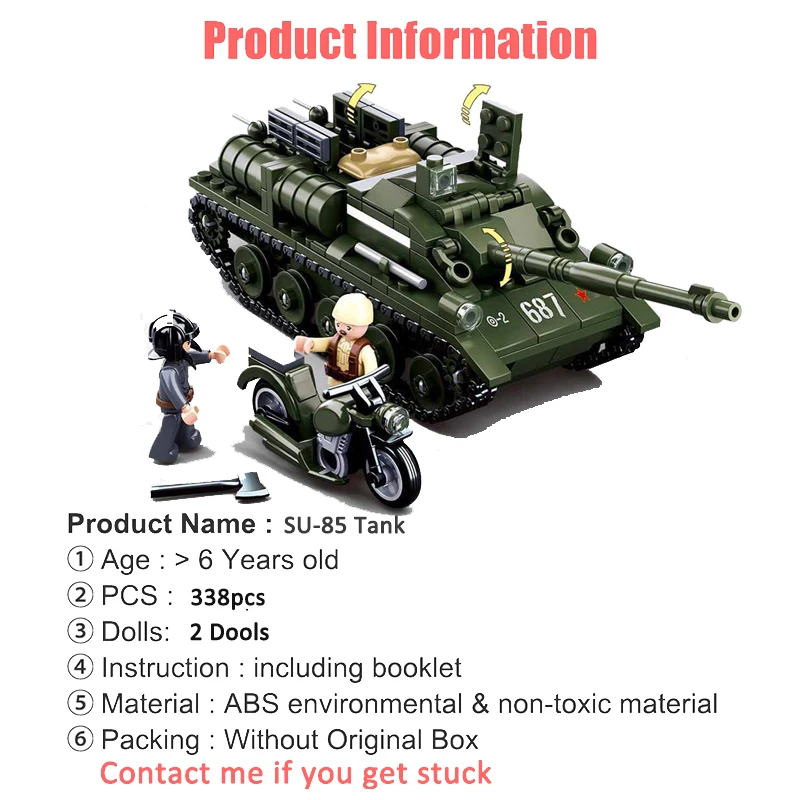 World War II Military SU-85 Tank Destroyer Bricks WWII Army Soldiers Weapon Building Blocks Classic Construction Toys For Kids