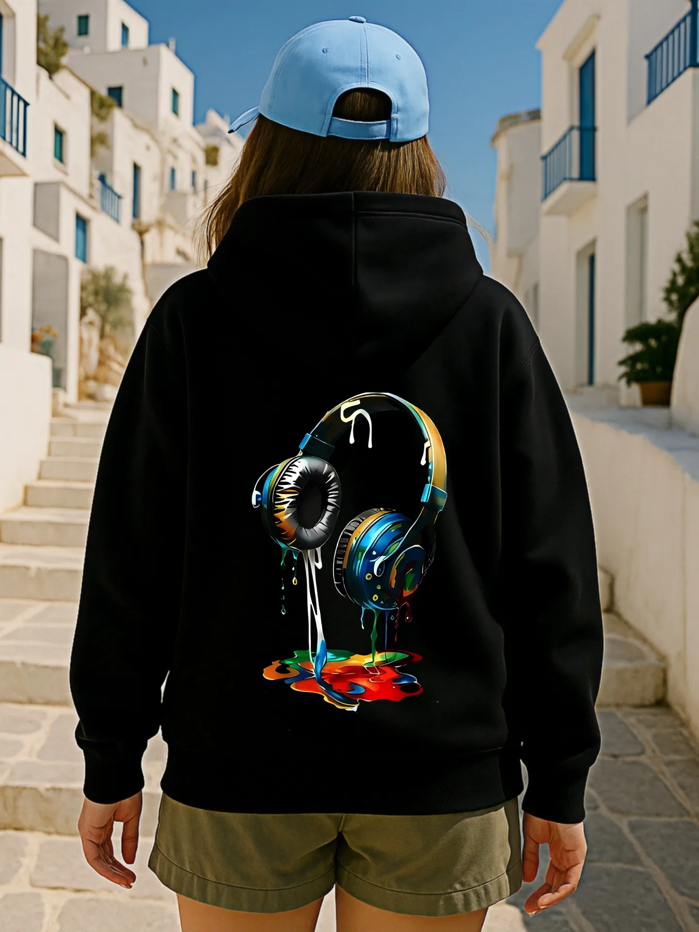 Grafische hoodie dames, hoofdtelefoon - print esthetisch ontwerp, casual dagelijks gebruik, zachte stof, voor tieners