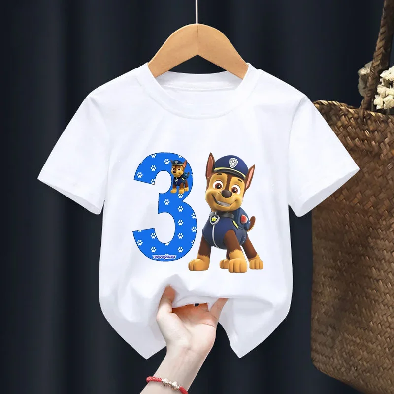 Paw Patrol Chase Boys T Shirt Puppy Dog Happy Birthday Numbers Children Girls T-shirts Summer Tops Clothes Kids Party Gift New