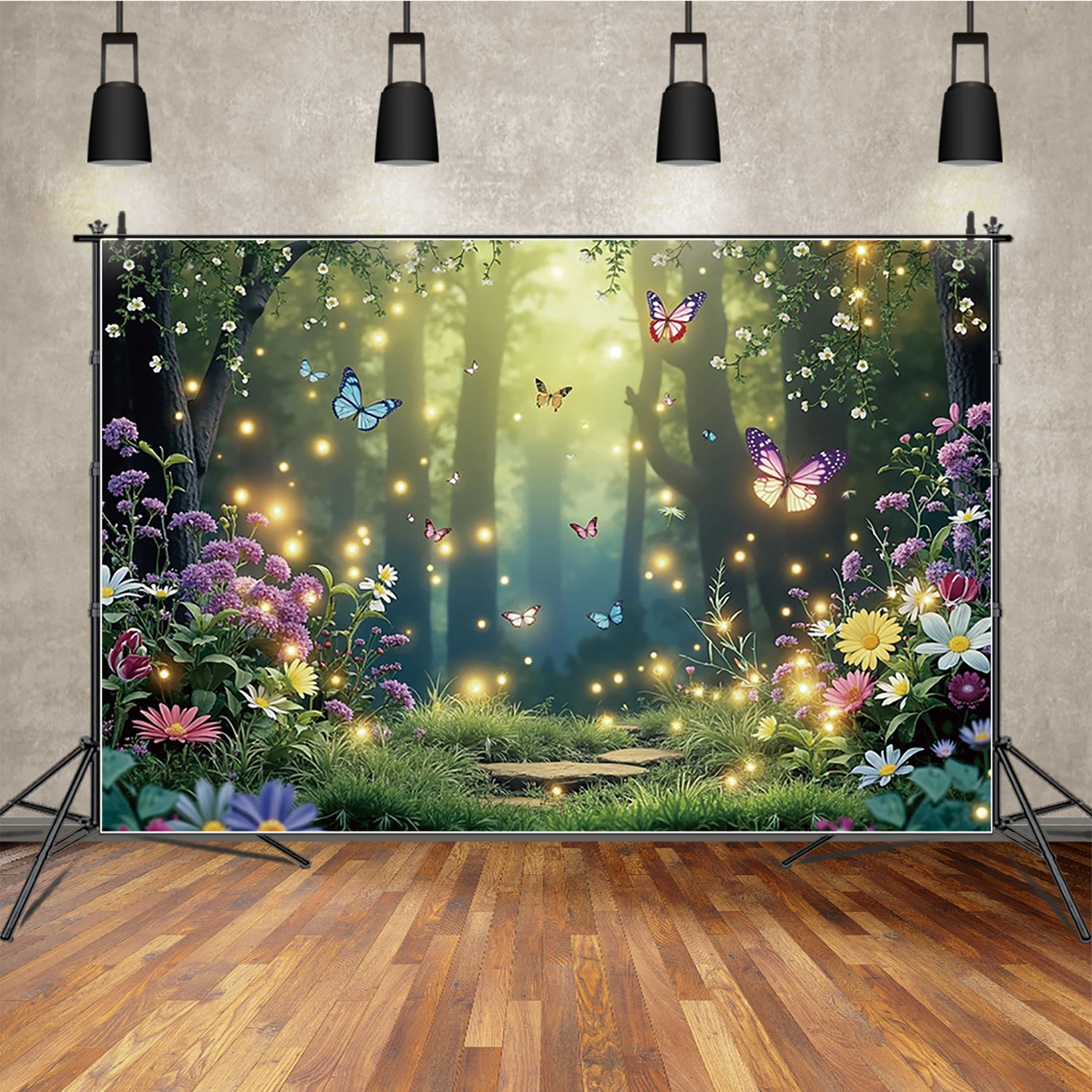 MOON.QG Magical Forest Background Photography Fairy Tale Butterfly Trees Flower Glitter Backdrop Birthday Baby Shower Photobooth