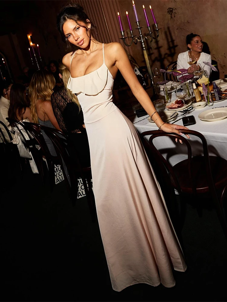 Cutenew ステインストラップドレス女性セクシーなフリルローチェストバックレスエレガントホットティープロムパーティーバレンタインデーデートスリムボディコン