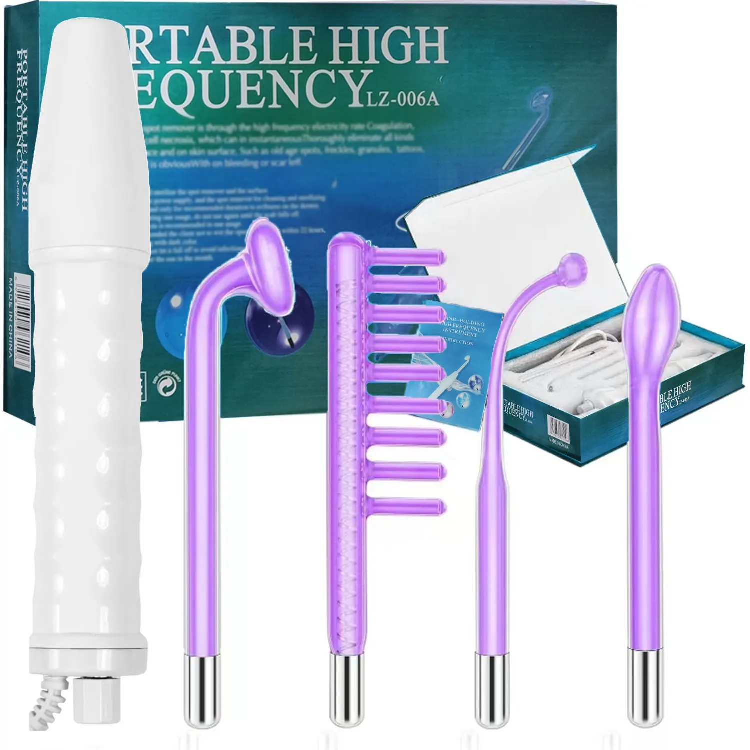 

Портативный набор для ухода за кожей лица 4-в-1: высокочастотный массажер для лица 120 кГц, 4 сменных электродных стержня, 110 В для домашнего использования