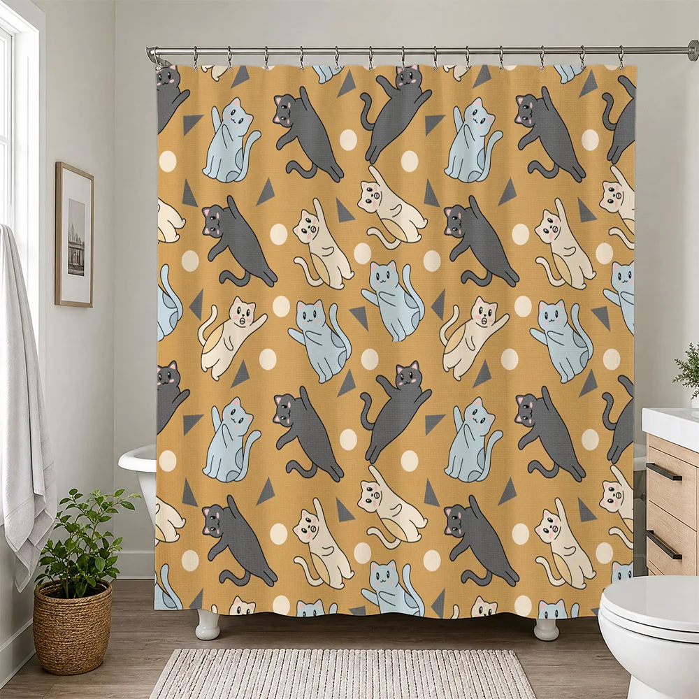 Cute Waterproof Cat Print Shower Curtain Bathroom Liner Funny Cartoon Animal Shower Curtain Decoration for Modern Home Bathrooms