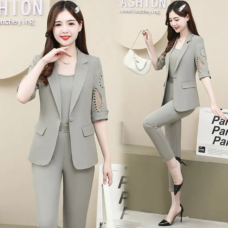 Women Summer New Fashion Professional Suit+Sling+Pants Three-piece Korean Elegant Hollow Out Thin Blazers Trousers Matching Set