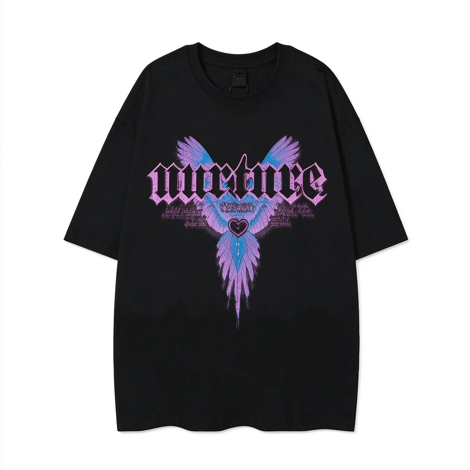 Gradient Wing Heart Graphic Unisex Oversized Cotton T-shirt, Gothic Font Retro Streetwear Summer Casual Short Sleeve Tee