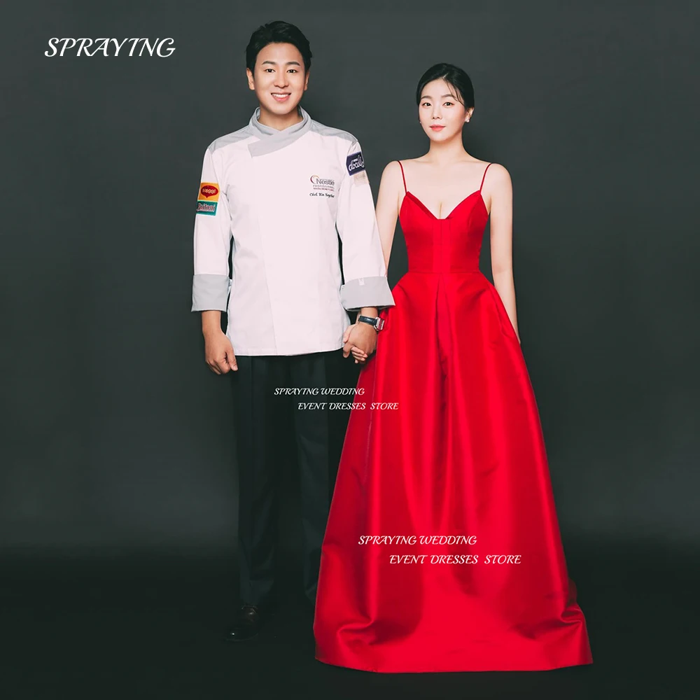 

SPRAYING Simple Red Korea Wedding Dress Photo Shoot V Neck Spaghetti Straps Bridal Gown Soft Satin Wedding ID photo Dresses