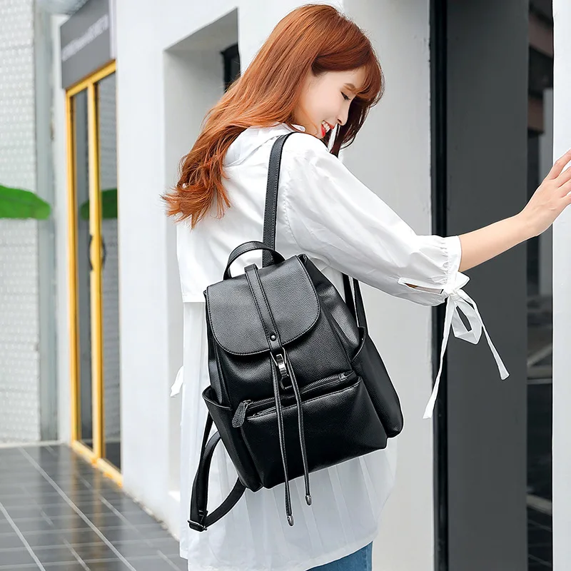 Fashion Women Travel Backpacks Genuine Leather Female Backpack Purse Solid High Capacity Travel Bags for Women