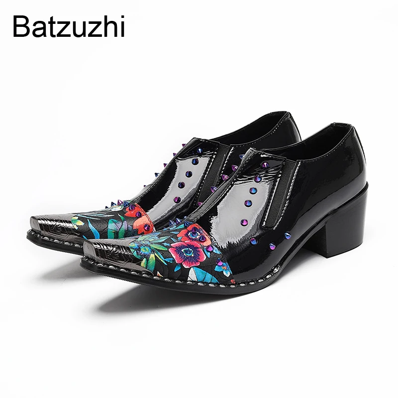 

Batzuzhi 6cm Heels Men's Shoes with Pointed Metal Tips Slip on Black Rivets Leather Dress Shoes Man Formal Party, Wedding Shoes