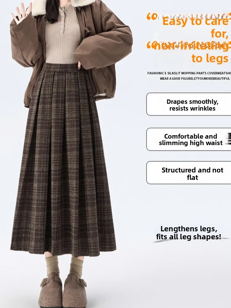 레트로 트위드 하이웨이스트 미디 스커트 여성용 겨울용 예술적 슬레 안티에이징 미디길이 A라인 스커트