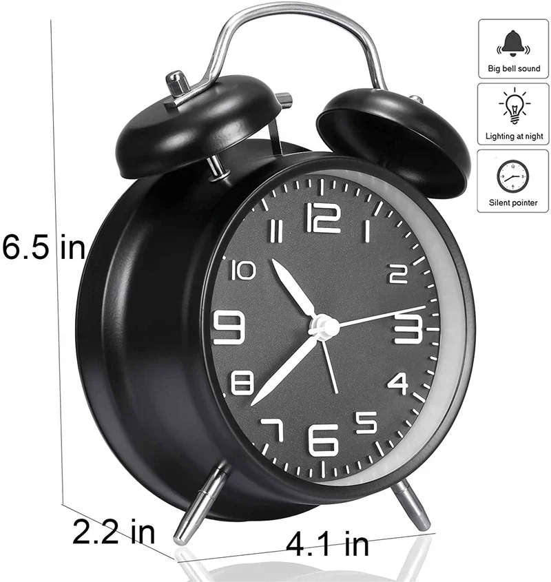 4 Inch Retro Loud Alarm Clock Double Bell Battery Powred Bedside Desk Ornament for Home Classroom Decoration Present