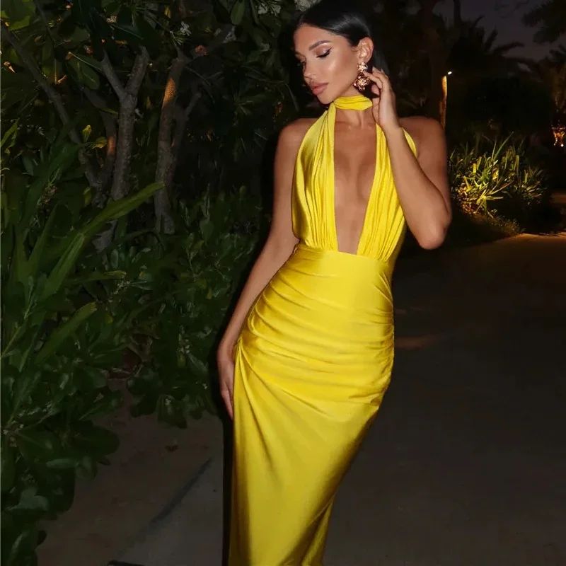 Halter głęboki dekolt w serek bez pleców seksowna sukienka Maxi dla kobiet moda solidna obcisła sukienka bez rękawów klubowa wieczorowa długa sukienka