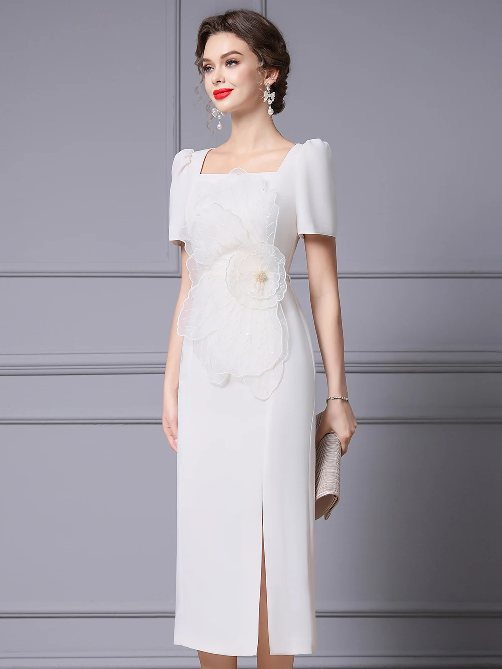 Ele White Evening Dr Damen-Sommer-Neues Sle 2025, bodenlanger Wickel-Körperrock, europäischer Organza-3D-Blume, hohe Taille