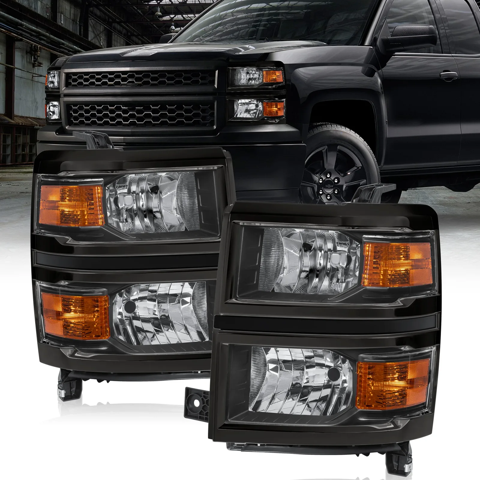 

Pair Headlights Assembly w/ Black Housing For 2014-2015 Chevy Silverado 1500