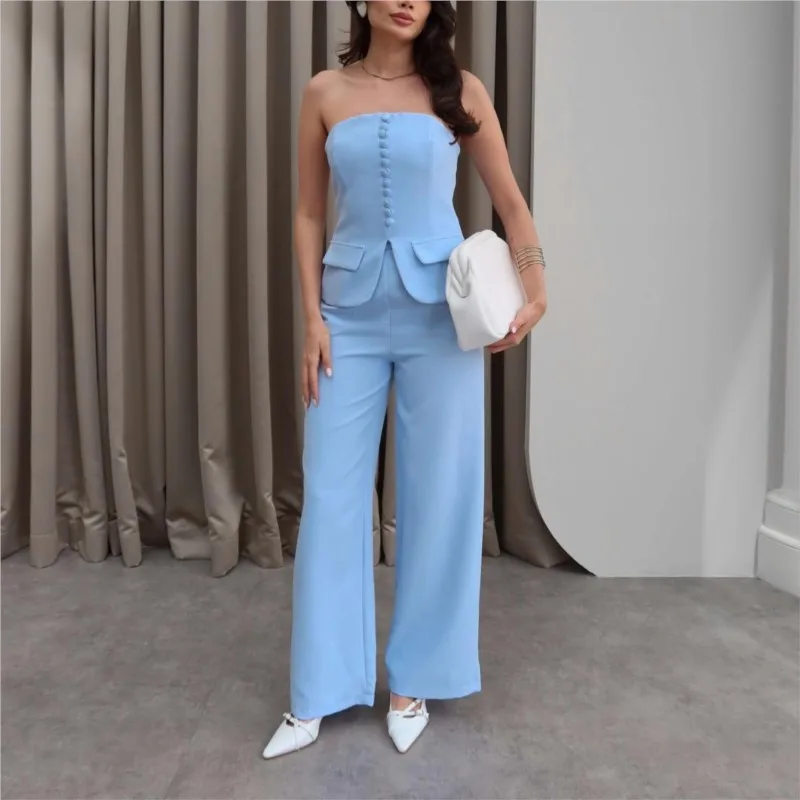 

Summer Off Shoulder Strapless Rompers Jumpsuit Woman Elegant Fashion Single-breasted Patchwork Party Club Wide Leg Overalls