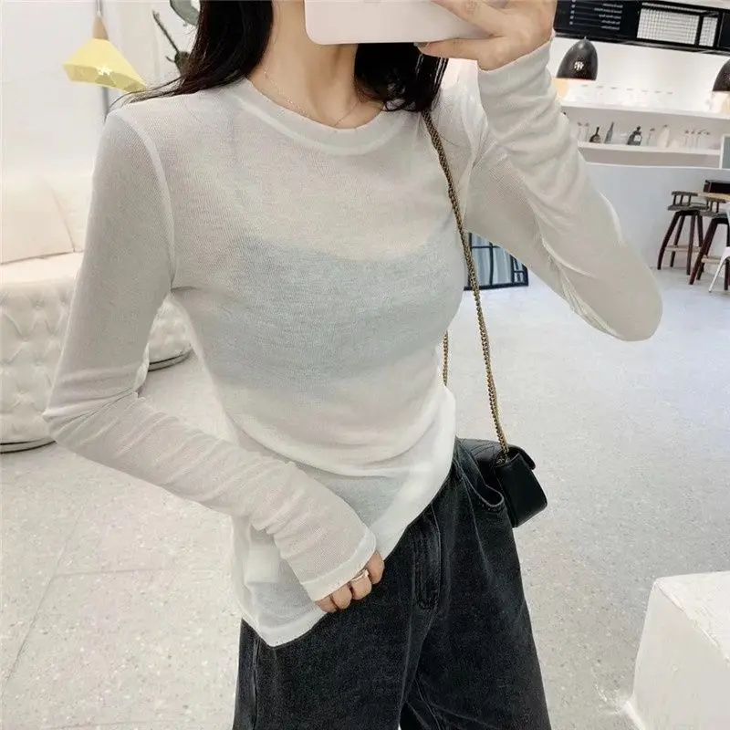 Sexy Slim Net Yarn Bottoming Shirt Summer New Long Sleeve Solid Color Thin All-match Tops Tees Fashion Trend Women Clothing