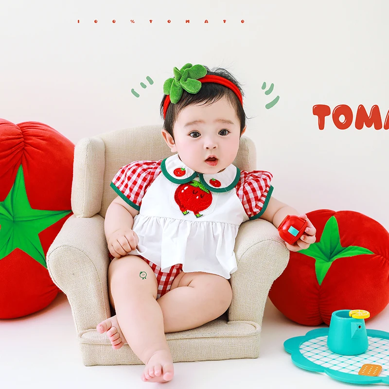 Red Theme Costume with Headband Newborn Photography Props Cute Outfit Red Tomato Doll 3-4 months Baby Photoshoot Props Accessory